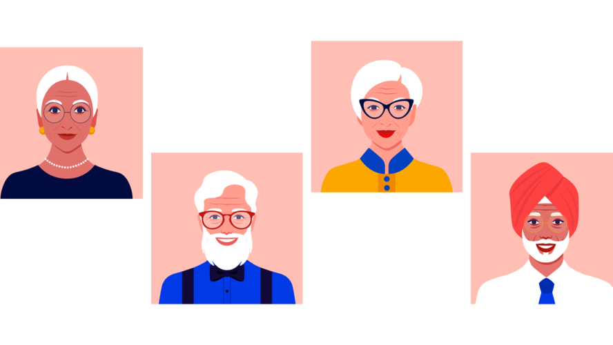 Set of avatars of elderly men and women of different nationalities and races. Diversity. Multinationality. Portraits of grandparents. Vector flat illustration