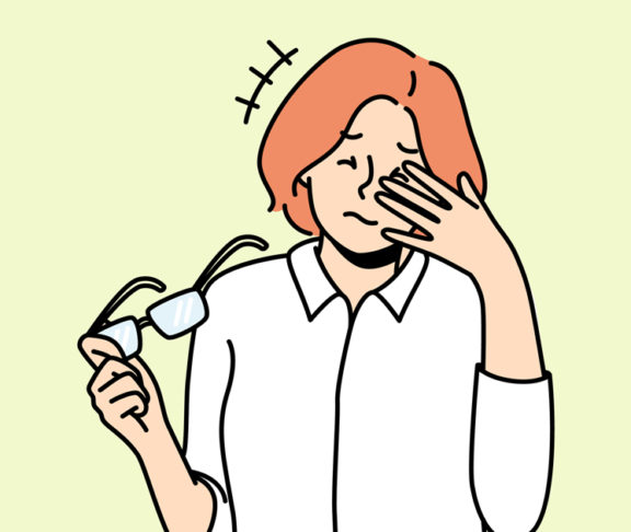 Unhealthy woman take off glasses suffer from migraine. Unwell female struggle with dizziness or blurry vision. Sight problem and healthcare. Vector illustration.