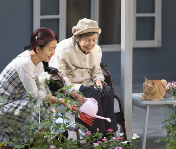 Elderly woman gardening in frontyard with daughter and cat