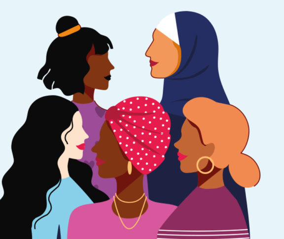 Women empowerment. Cartoon young people of different nationalities and religions. Female power community, happy sisterhood union. Solidarity team and friendly support, vector minimalist illustration