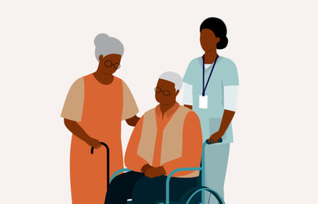 Black Senior Wife With Her Senior Husband In Wheelchair Is Being Taken Care By A Female Nurse