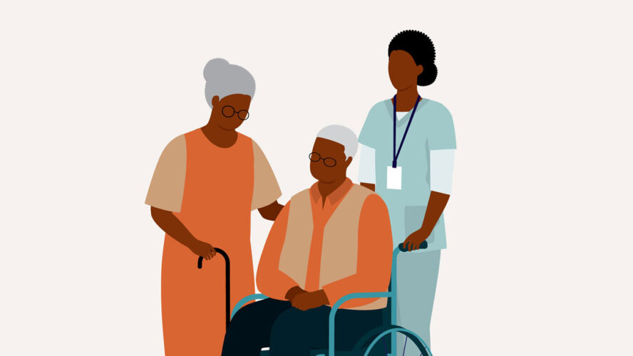 Black Senior Wife With Her Senior Husband In Wheelchair Is Being Taken Care By A Female Nurse