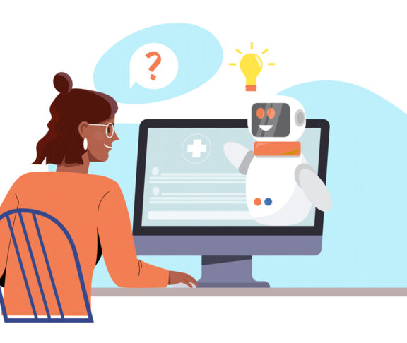 Medical chat bot concept. Artificial intelligence and machine learning. Robot advises client, answers questions. Diagnosis, health care and treatment. Cartoon flat vector illustration
