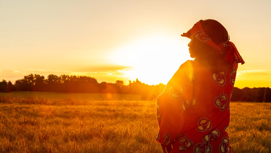 African woman in traditional clothes standing, looking, hand to eyes, in field of barley or wheat crops at sunset or sunrise