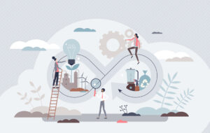 Circular economy manufacturing cycle, sustainable strategy tiny person concept - stock illustration