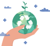 Sustainability, ecology or renewable energy to save the world from climate change or global warming, environmental safe or recycle concept, hand holding sustainable green world with recycle symbol.