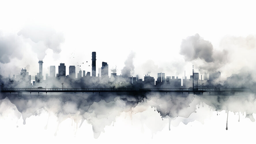black cityline watercolor illustration. polluted city, smoke, ecological problem, isolated on white. city