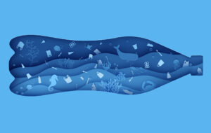 Plastic Bottle from hole with garbage underwater in paper cut style. Blue ocean waves with whale fish crab turtle and other marine animals . 3d realistic vector background for environmental poster.