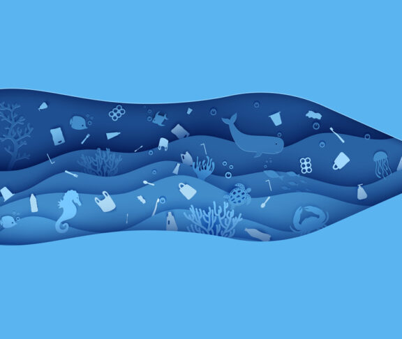 Plastic Bottle from hole with garbage underwater in paper cut style. Blue ocean waves with whale fish crab turtle and other marine animals . 3d realistic vector background for environmental poster.