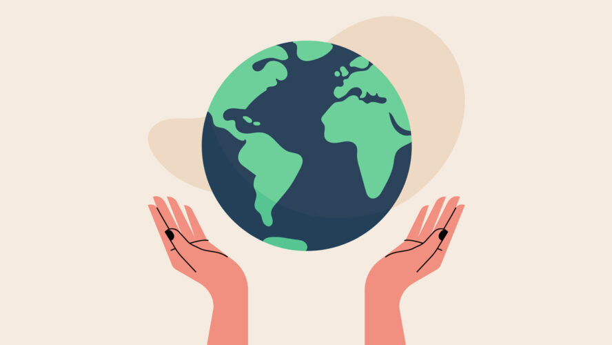 Hands up holds world globe. Concept of sustainability, Earth Day, climate change. Vector illustration, flat design