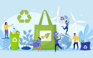 People using eco bag, sorting plastic waste for recycling.
