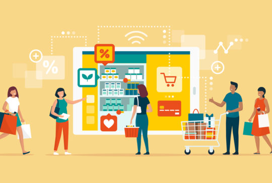 Happy people doing grocery shopping online and shopping smartphone app: technology, retail and communication concept