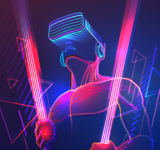Virtual reality gaming. Man wearing vr headset and using light saber in abstract digital world with neon lines.