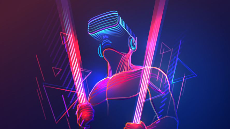 Virtual reality gaming. Man wearing vr headset and using light saber in abstract digital world with neon lines.