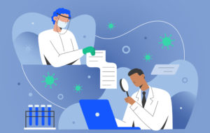 Covid research concept, medical doctors sharing data with scientisists working together on antiviral coronavirus remedy, developing vaccine. Medical doctor in gown in laboratory using computer. Vector illustration, cartoon characters.