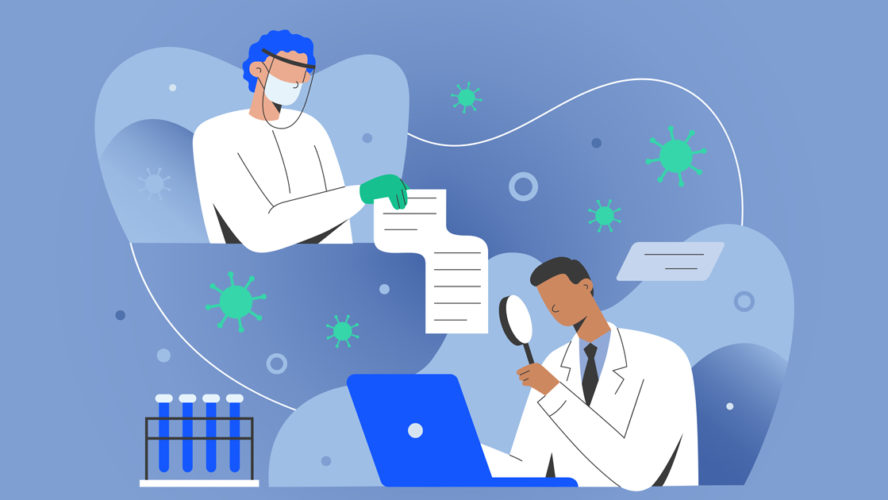 Covid research concept, medical doctors sharing data with scientisists working together on antiviral coronavirus remedy, developing vaccine. Medical doctor in gown in laboratory using computer. Vector illustration, cartoon characters.