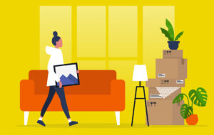 Young female character moving to a new apartment. Relocation. Mortgage. Flat editable vector illustration