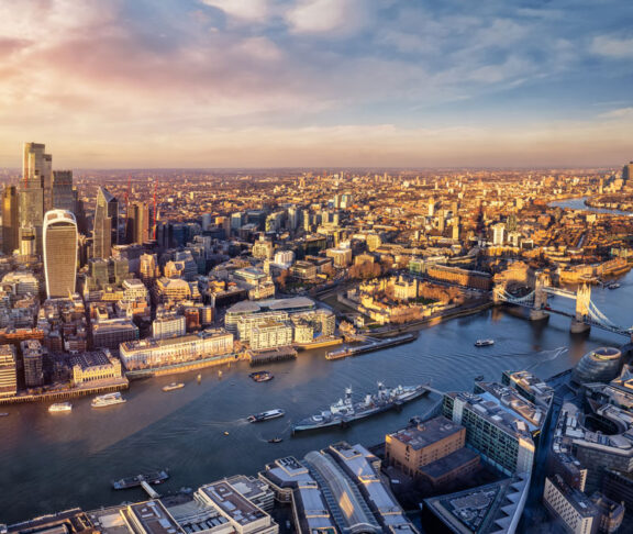 Panoramic sunset view over the skyline of the City of London