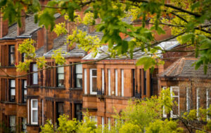 Row of Red Sandstone Tenement Flats Southside of Glasgow, Scotland, UK