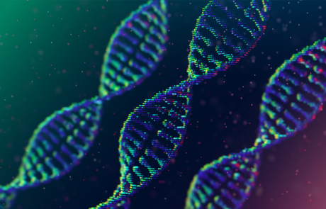 Three strands of DNA, background for a scientific publication. Depth of field. Acid colors