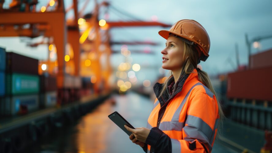 logistics, shipping or port management. a female engineer in an orange jacket and protective helmet holding a tablet at a sea container terminal.