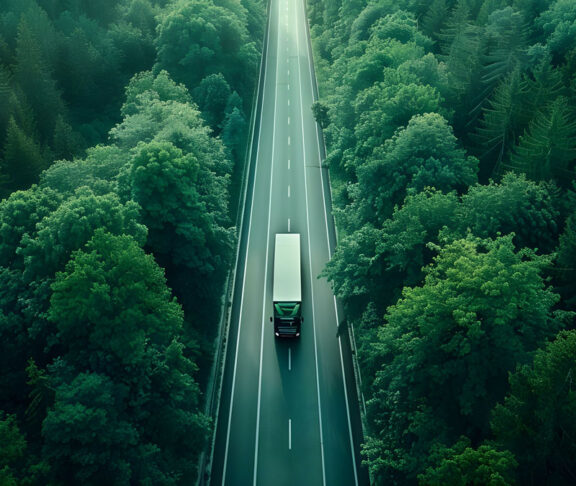 Promoting Sustainable Transport: Aerial view of a hydrogen energy truck driving on a forested highway. Concept Sustainable Transport, Hydrogen Energy, Truck Driving, Forested Highway, Aerial View