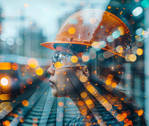 Double exposure of team railway engineer is on duty in work site with abstract bokeh backgrounds