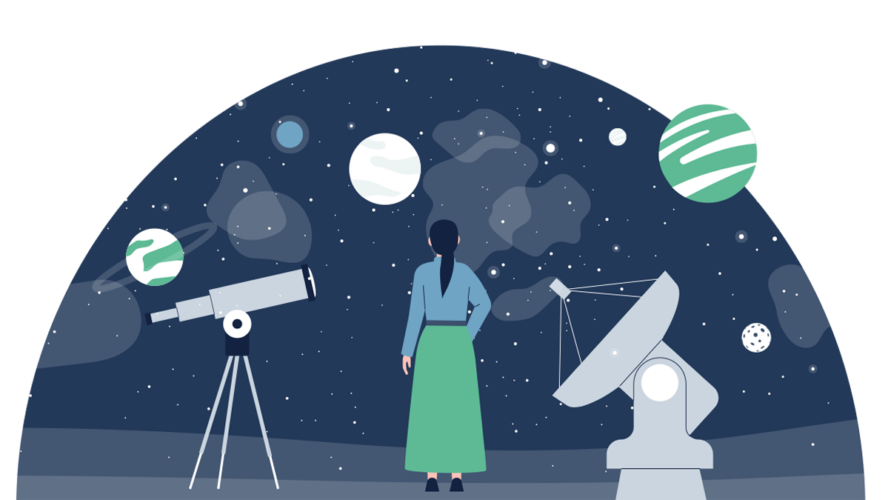 Astronomy science explorer. People studying mysterious constellation and watching space in telescope. Explore universe and planets recent vector scene - stock illustration