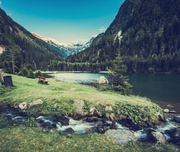 Picturesque Alpine landscape and lake Elisabeth See in Austria Alps