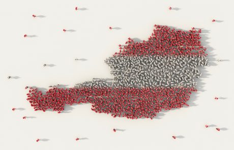 Large group of people forming Austria map and national flag in social media and communication concept on white background. 3d sign symbol of crowd illustration from above gathered together