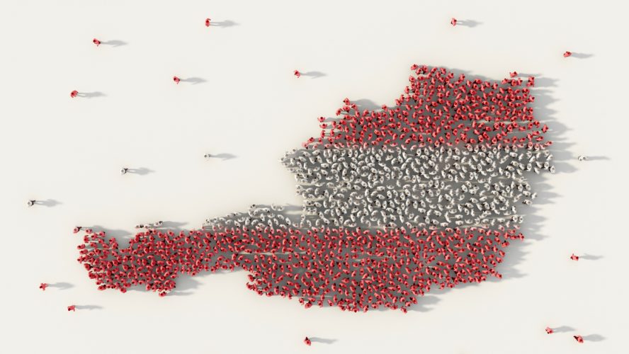 Large group of people forming Austria map and national flag in social media and communication concept on white background. 3d sign symbol of crowd illustration from above gathered together