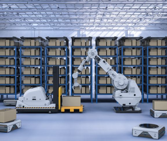 Automatic warehouse concept with 3d rendering robot arm with forklift truck and conveyor belt