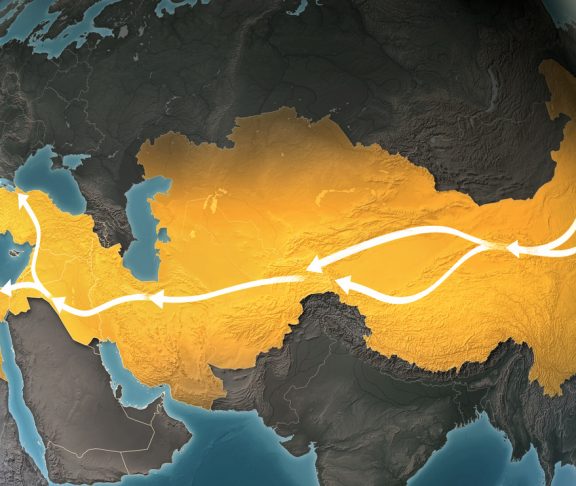 Map of Silk Road, a network of overland routes that connected China to Middle East and Europe through Central Asia. The road network was used in the past centuries by merchants trading goods and silk between distant countries and cross-continental regions. Marco Polo, an italian explorer, is believed to have travelled the route in the 13th century. Geopolitics, commerce and diplomacy connected to history and geography. Map is blank, without country names. Map is for illustration puroposes only, country grouping and current borders status may differ.