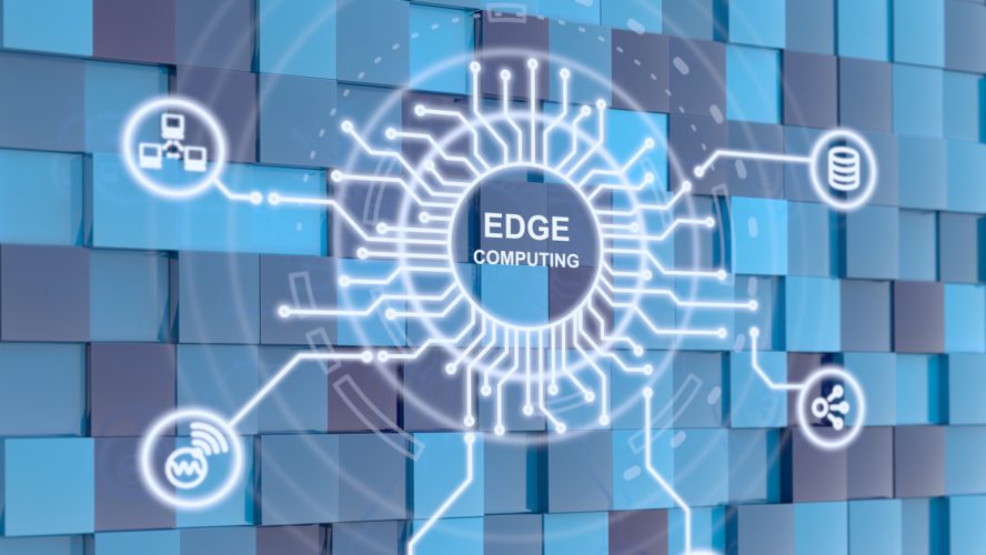 Edge computing circuit circle on blue cube background 3D illustration