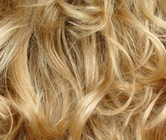 A detailed shot of curly blonde hair.