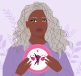 African american woman holding clocks - stock illustration