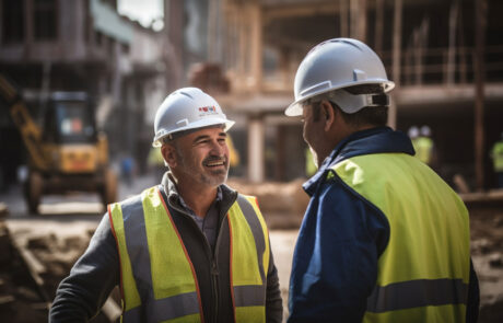 two men at a construction site who are talking to each other, discussing something on a paper, both with safety helmets