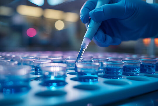 close up shot of scientist hands pipetting sample into dish for DNA testing in laboratory.