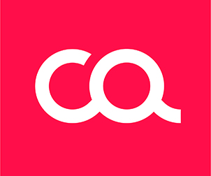 Logo Corporate Queer. Witte letters CQ op een rode achtergrond.